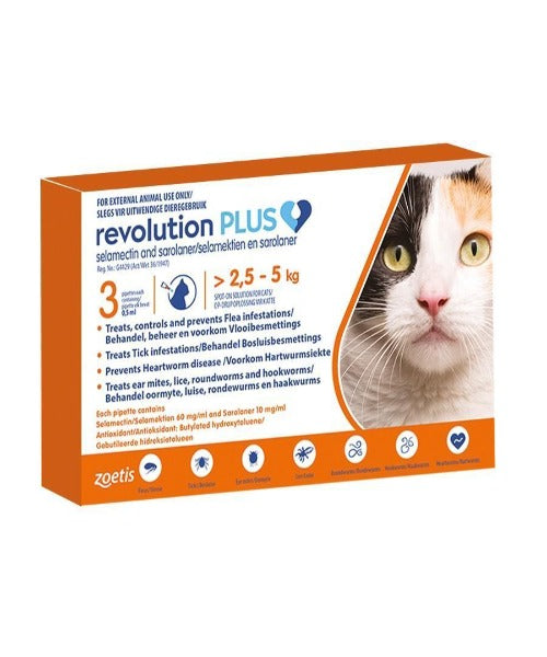 Revolution Plus Cat Tick, Flea and Worm Spot-On Treatment 2.5kg-5kg Orange Pack of 3's
