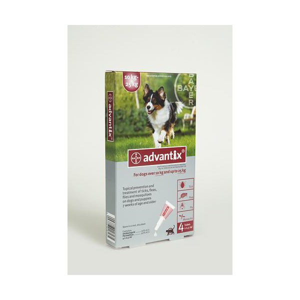 ADVANTIX LARGE DOG 10-25 KG (4X2.5ML) RED TREATMENT OF FLEAS FOR DOGS , TICKS AND MOSQUITOES - Pet Mall